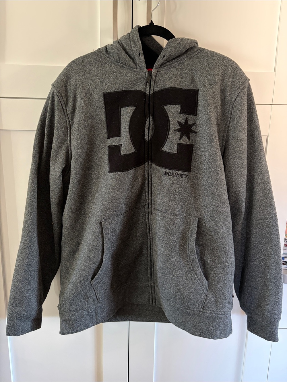 DC Gray Hoodie with Black Logo and Red Trim